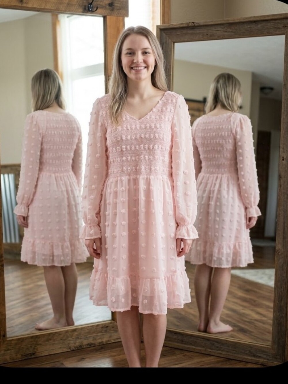 New Pink Blush Swiss Dot Smocked Dress L Girly Flirty BTFBM